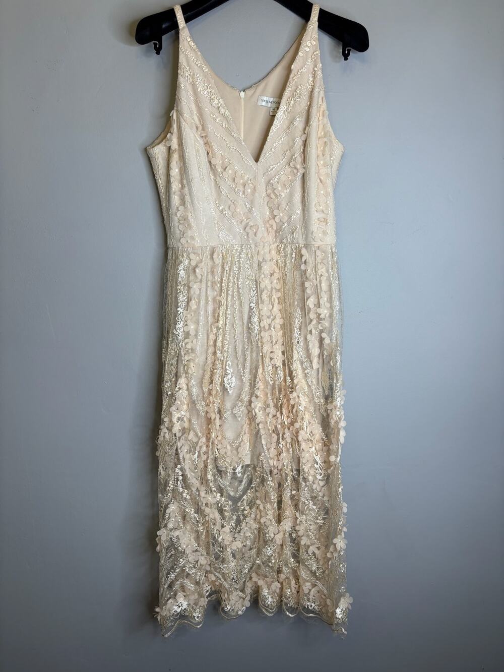 Dress the Population Embellished Sequin Midi Cocktail Dress Champagne Size M